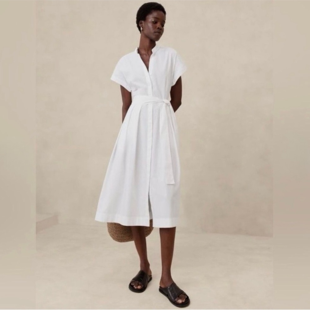 Banana Republic POPLIN TIE-WAIST MIDI DRESS in color White NWT Large Petite